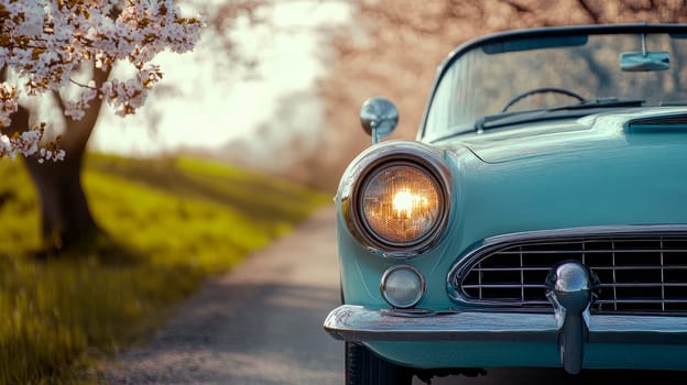 Close up view of blue classic retro car headlight with chrome grille. AI generated
