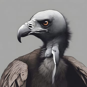 A group of vultures sits on the ground and looks for prey