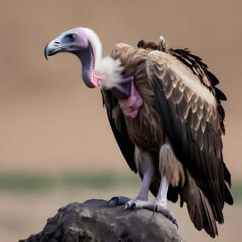 A group of vultures sits on the ground and looks for prey
