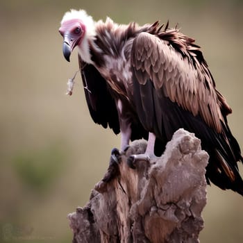A group of vultures sits on the ground and looks for prey