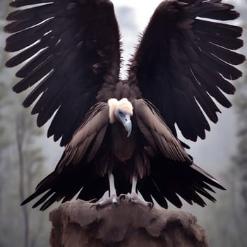 A group of vultures sits on the ground and looks for prey
