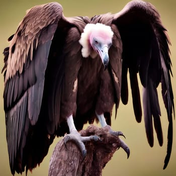 A group of vultures sits on the ground and looks for prey