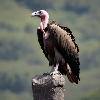A group of vultures sits on the ground and looks for prey