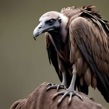 A group of vultures sits on the ground and looks for prey
