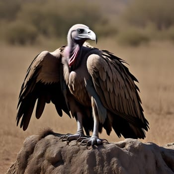A group of vultures sits on the ground and looks for prey