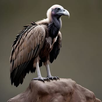 A group of vultures sits on the ground and looks for prey