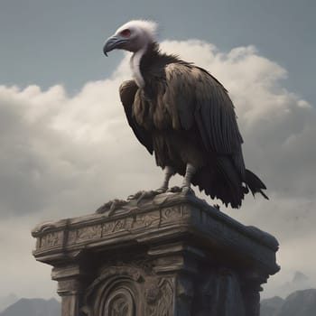 A group of vultures sits on the ground and looks for prey