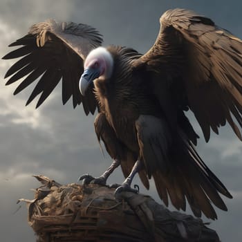 A group of vultures sits on the ground and looks for prey
