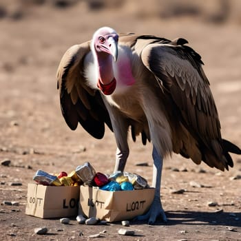 A group of vultures sits on the ground and looks for prey
