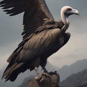 A group of vultures sits on the ground and looks for prey