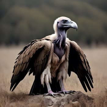 A group of vultures sits on the ground and looks for prey