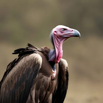 A group of vultures sits on the ground and looks for prey