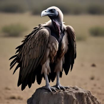 A group of vultures sits on the ground and looks for prey