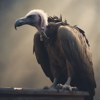 A group of vultures sits on the ground and looks for prey