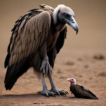 A group of vultures sits on the ground and looks for prey