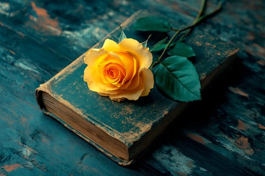 Vintage book with a yellow rose on a wooden table.  AI generated