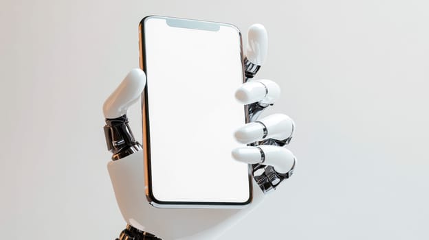 Robotic hand holding a mobile phone with a blank screen.  AI generated