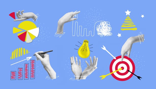 Contemporary collage or art design about main business concepts - sales increase. goal achievement. market share. marketing. leadership and idea