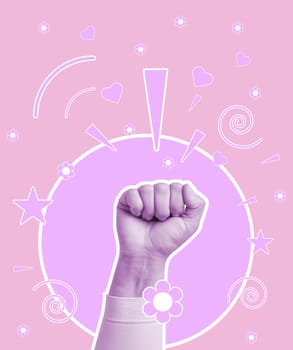 Female palm clenched into a fist on a pink background, victory and struggle for rights