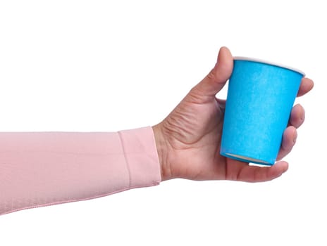Hand hold blue paper cardboard cup on a isolated background. Eco-friendly tableware