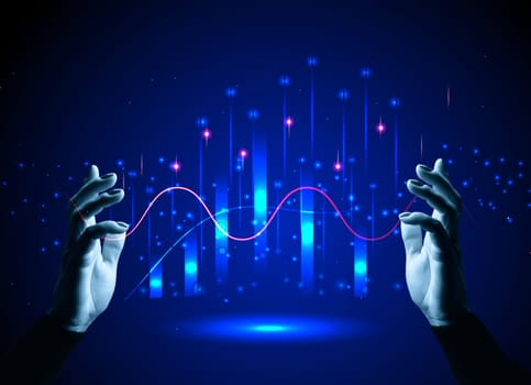 Virtual neon graph and female hand, profit analysis and sales growth dynamics, blue background
