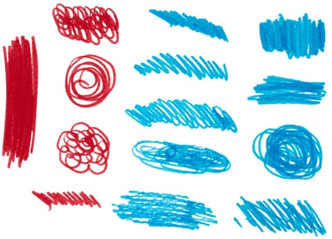 Various scribbles and strokes made with red and blue marker on isolated background