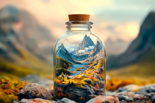 Landscape with mountains inside a glass bottle. Corked glass bottle with beautiful natural landscape. Environment, tourism, travel concept. AI generated