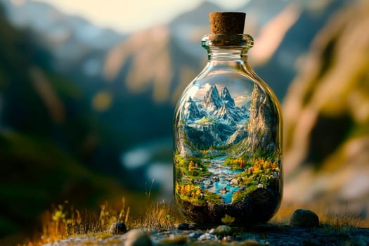 Landscape with mountains inside a glass bottle. Corked glass bottle with beautiful natural landscape. Environment, tourism, travel concept. AI generated