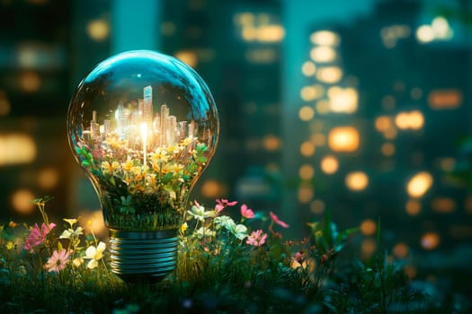 The city inside the lightbulbe. Light bulb with Environmentally friendly energy. AI generated