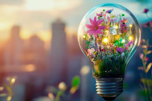 The city with flowers inside the lightbulbe. Light bulb with Environmentally friendly energy. AI generated