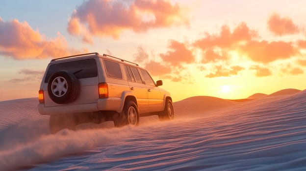 Offroad vehicle bashing through sand dunes in the desert at sunset. AI generated