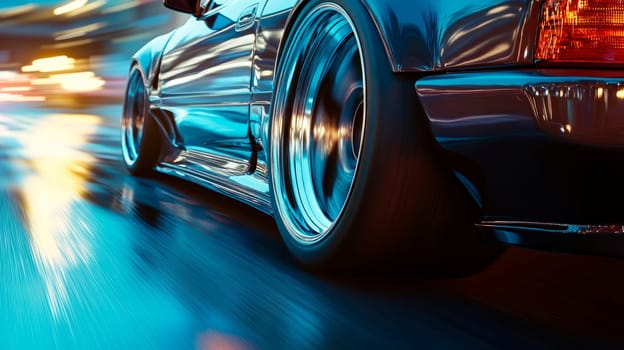 Close up view of a rear wheel shot while car drifting on a wet road at night. AI generated