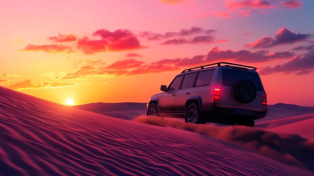 Offroad vehicle bashing through sand dunes in the desert at sunset. AI generated