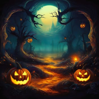Halloween scene with a path across a dark ghost forest with hanging Jack O lanterns on the dry tree branches and a other world portal at the horizon in the night sky