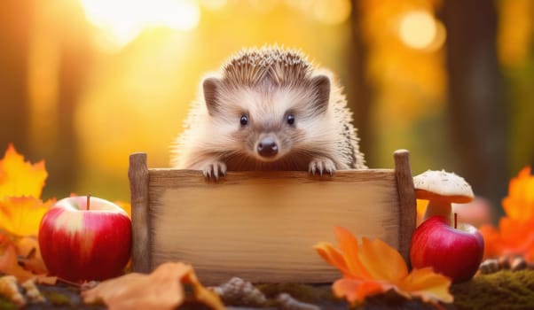 Cute hedgehog holding an old wooden banner in the autumn forest. Funny fall season advertise with copy space on empty wood board