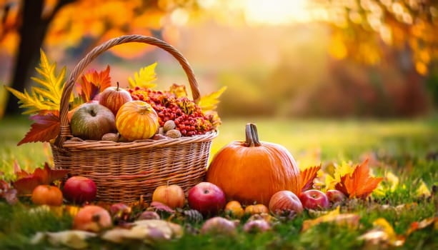 Autumn basket with fresh harvest, apples, pumpkins, berries and nuts crop on the green grass among colorful leaves. Fall season background