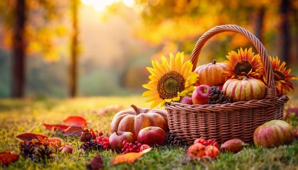 Autumn basket with fresh harvest, apples, pumpkins, berries and sunflower crop on the green grass among colorful leaves. Fall season background, thanksgiving holiday concept