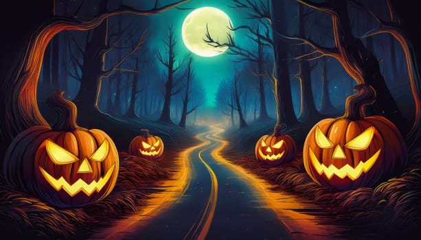 Halloween background with jack-o-lanterns at night on the road across a scary forest with view to the full moon