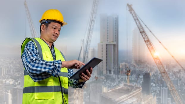 A man wearing a yellow vest and a hard hat is looking at a tablet. The tablet is displaying a construction site with cranes and buildings. The man is focused on the tablet.