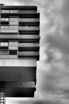 Detail of a residential building at the Rheinauhafen in Cologne in Germany in black and white