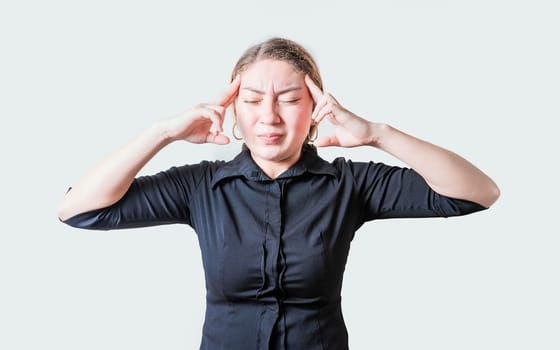 People suffering from migraine on isolated background. Headache concept. Young woman with headache isolated