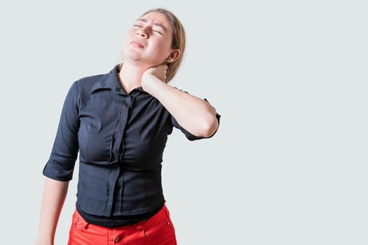 Young woman with muscle tension and neck pain isolated. Stress and neck pain concept, Girl suffering from neck pain isolated