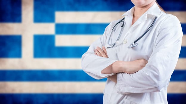 Healthcare concept with Greece flag in background. Female doctor with arms crossed with Greek flag background