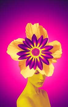 Abstract contemporary art design or portrait of young woman with flowers on face hides her eyes