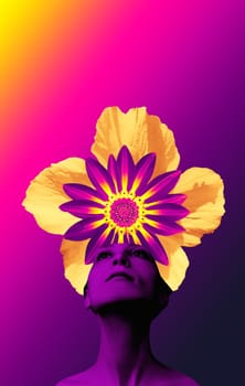 Abstract contemporary art design or portrait of young woman with flowers on face hides her eyes