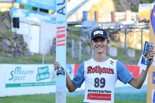 Hannes Landerer (SV Innsbruck Bergisel/Austria) had a good laugh after the opening victory at the FIS Cup Summer Ski Jumping Hinterzarten 2024