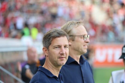 Jochen Saier (Board Member for Sport SC Freiburg) and Sporting Director Klemens Hartenbach (SC Freiburg) at the football test match: SC Freiburg - AC Fiorentina  REGULATIONS PROHIBIT ANY USE OF PHOTOGRAPHS AS IMAGE SEQUENCES AND/OR QUASI-VIDEONann  Photo: Joachim Hahne/johapress