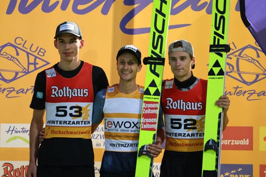 Award ceremony for the COC Cup summer ski jumping Hinterzarten 2024,v.li. Luca Roth (SV Messstetten),Clemens Aigner (SV Innsbruck Bergisel) and Fredrik Villumstad (Norway)