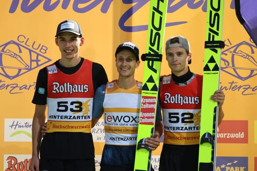 Award ceremony for the COC Cup summer ski jumping Hinterzarten 2024,v.li. Luca Roth (SV Messstetten),Clemens Aigner (SV Innsbruck Bergisel) and Fredrik Villumstad (Norway)