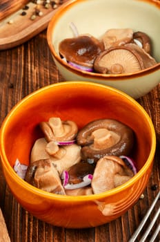 Salted mushrooms in a plate. Homemade marinated mushrooms.